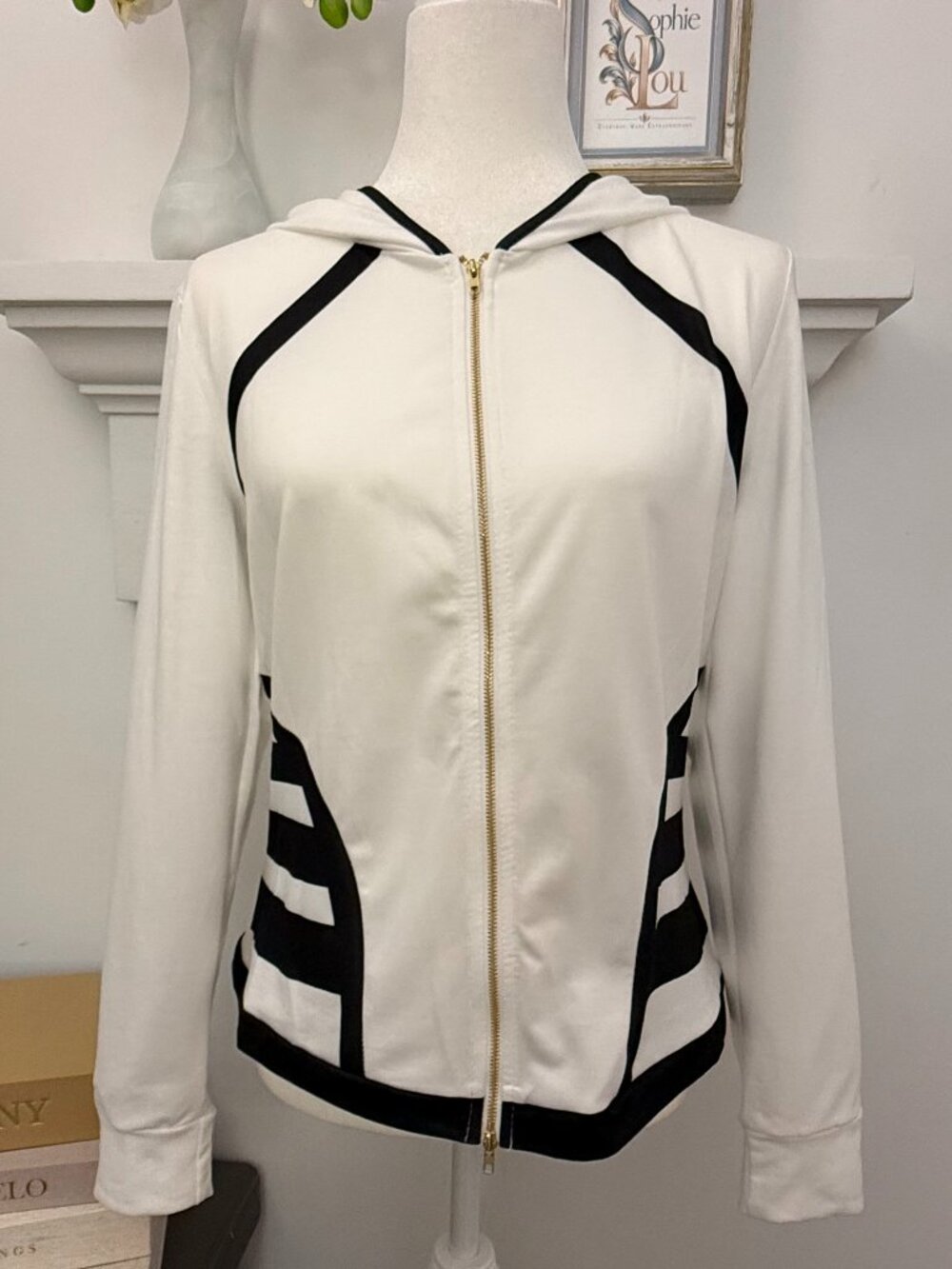 Ivory Black Colorblock Gold Zip Hoodie Jacket S